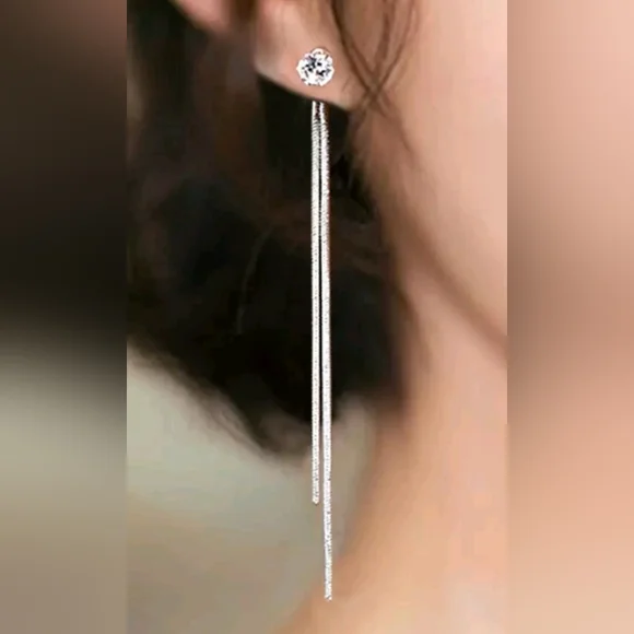 Diamond Dangle Tassle Earrings Long Double Chain - Picture 6 of 6